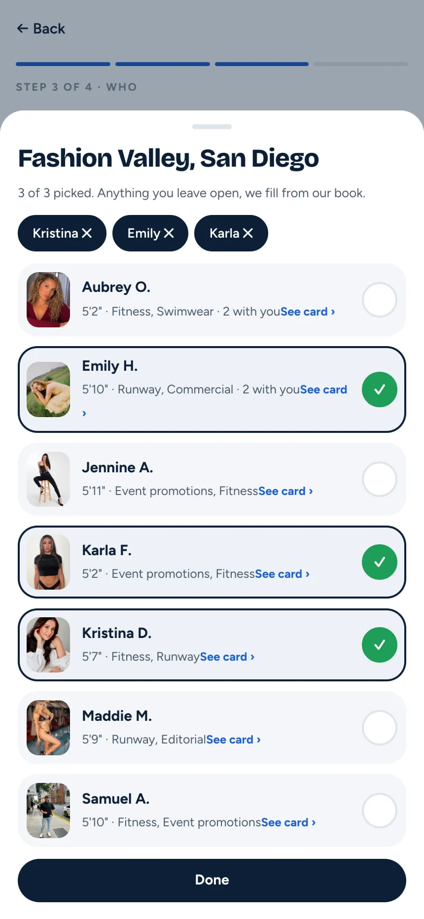 Screenshot of the client app step for choosing models from the roster for an event