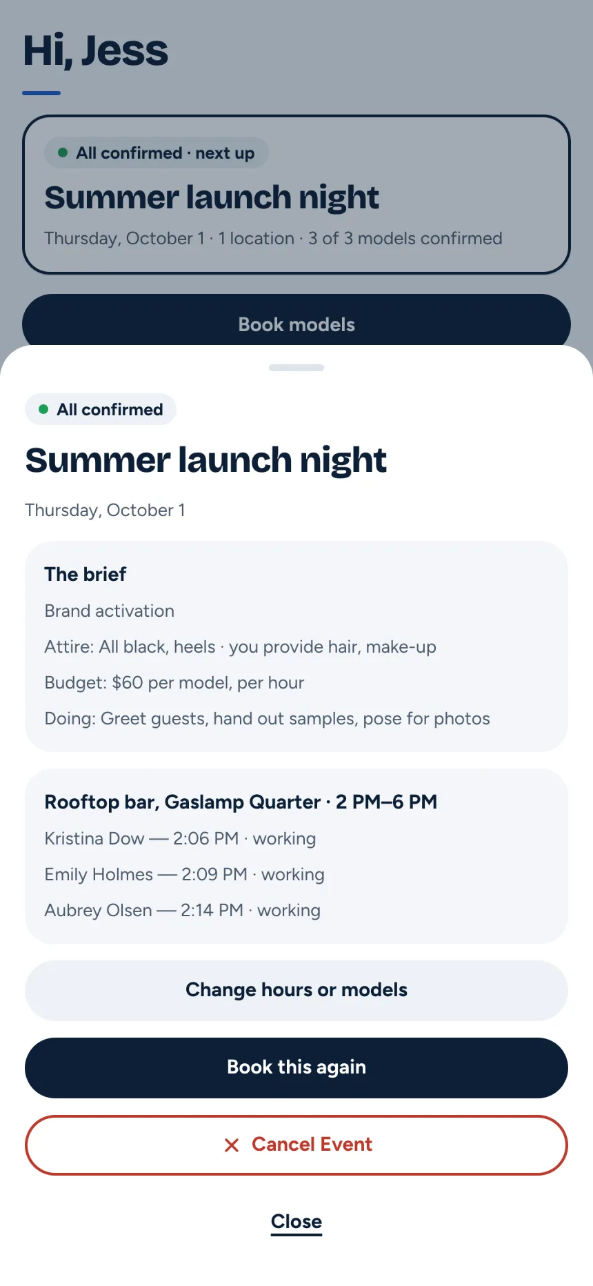 Screenshot of an event sheet in the client app showing the brief, the location and each model's check-in