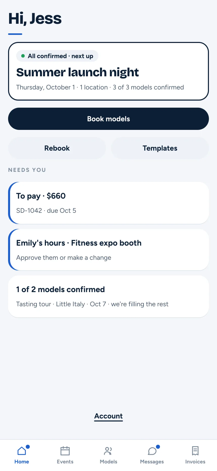 Screenshot of the client app home screen: the next event with its confirmed models and what needs attention