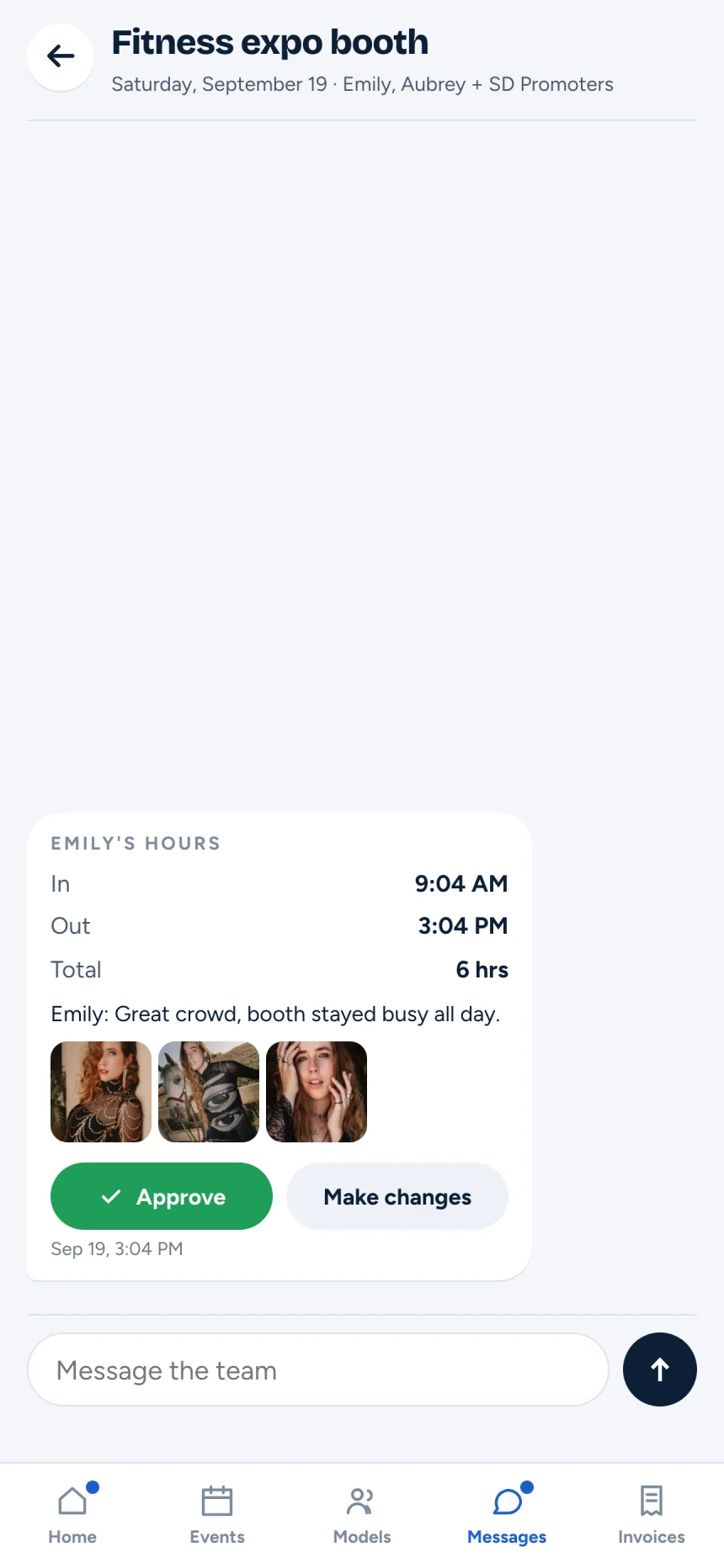 Screenshot of a model's submitted hours and event photos in the client app, with Approve and Make changes buttons