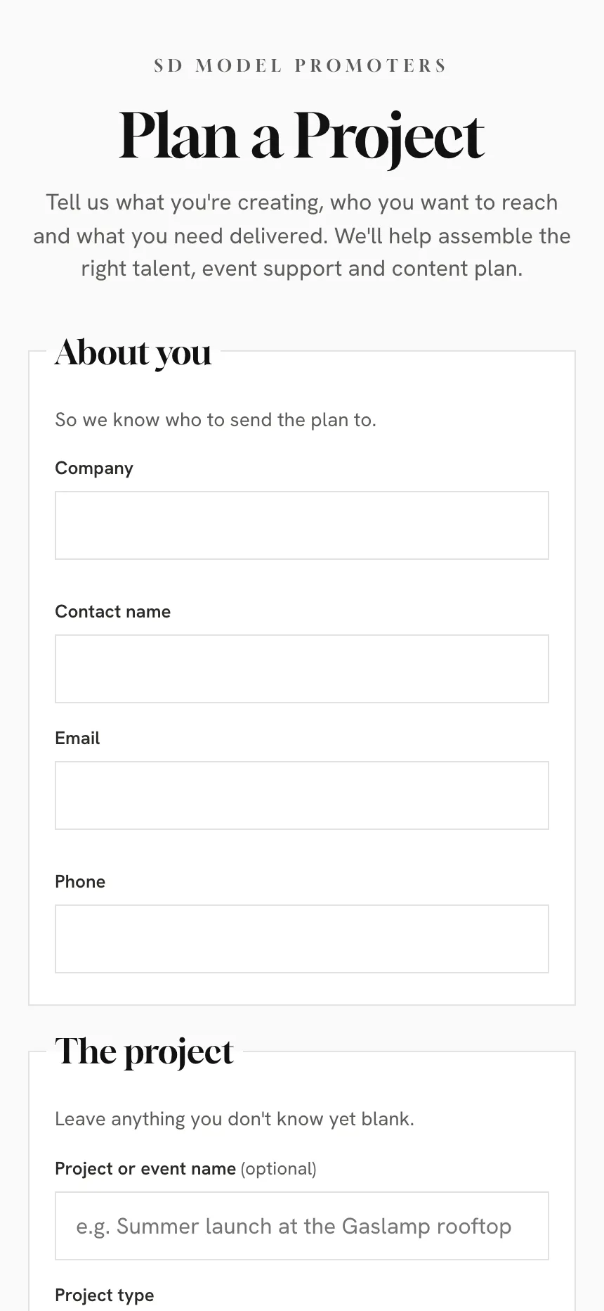 Screenshot of the project request form with company and contact details, then the project