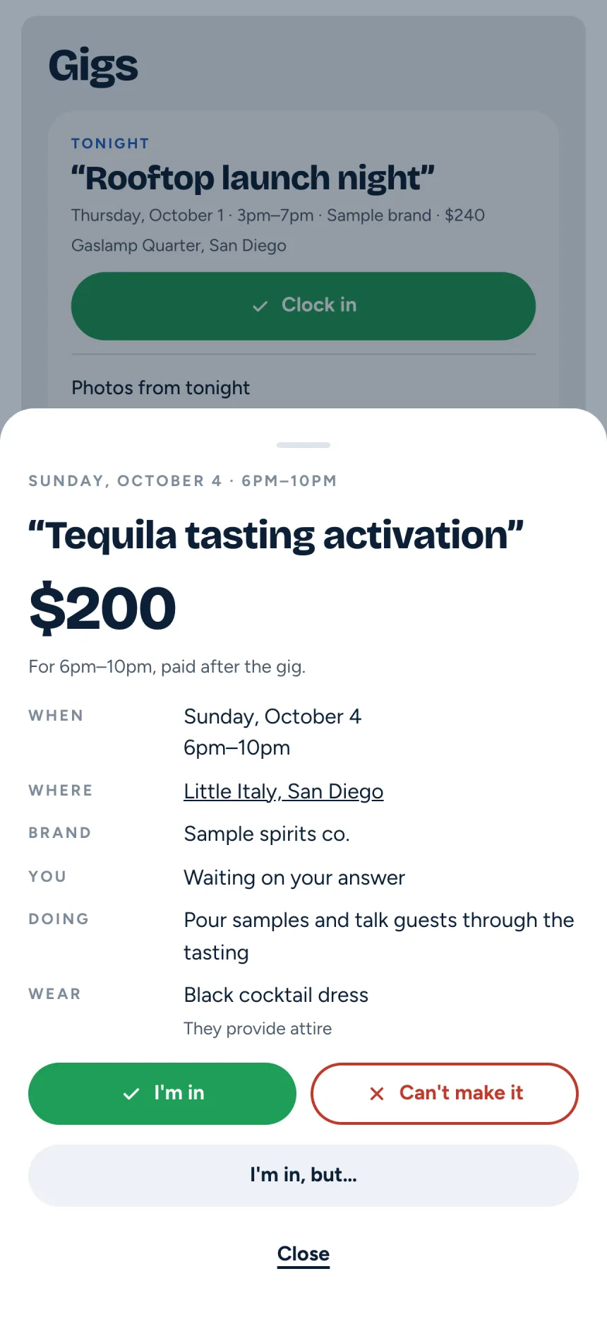 Screenshot of a gig's details in the model app: pay, date, place, what the model does and what to wear