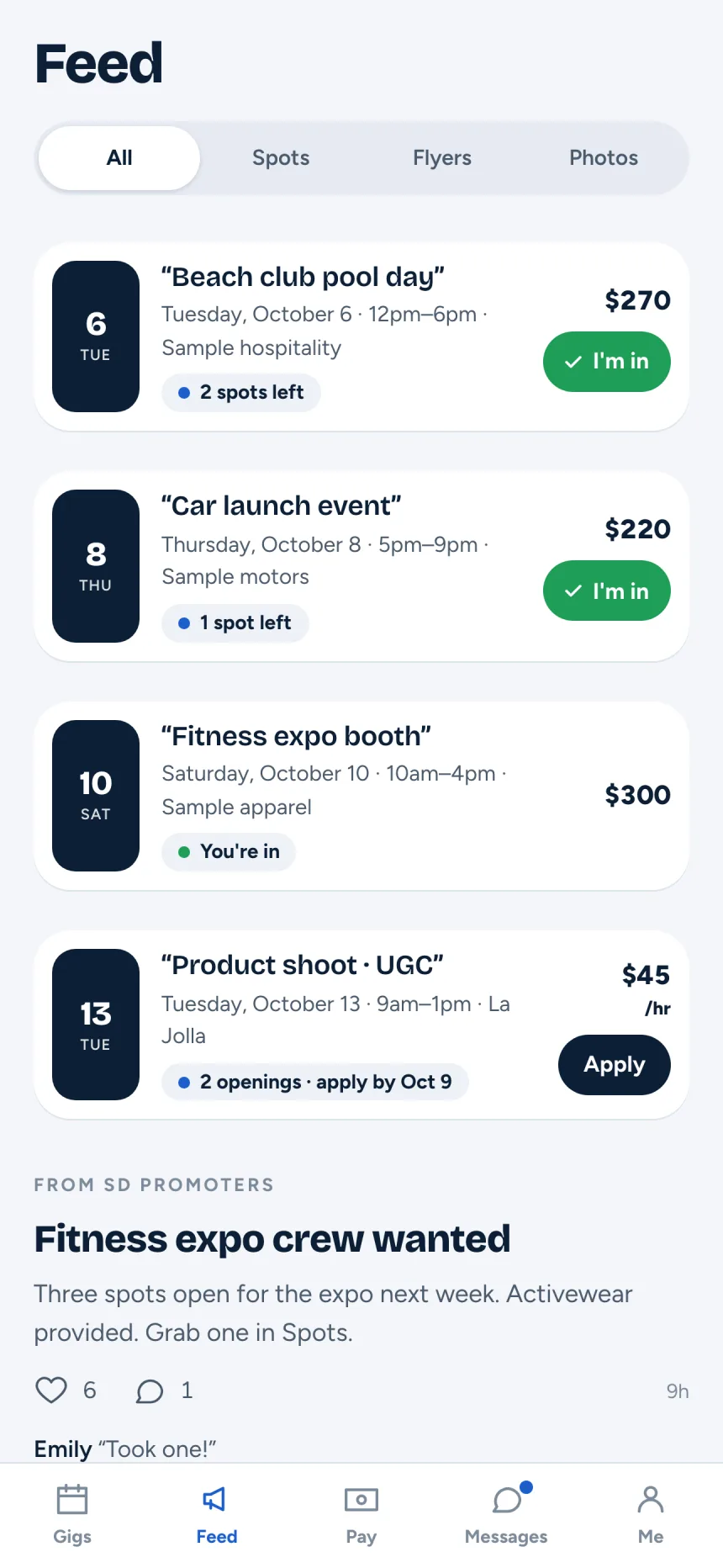Screenshot of the model app feed of open gigs, each with its date, pay and an I'm in or Apply button